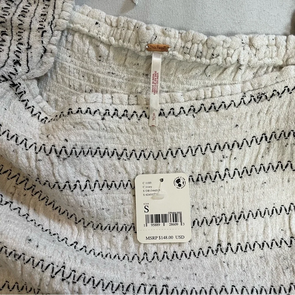 NWT New $148 Free People Maggie Embroidered Shirred Ivory Blouse Top Size S